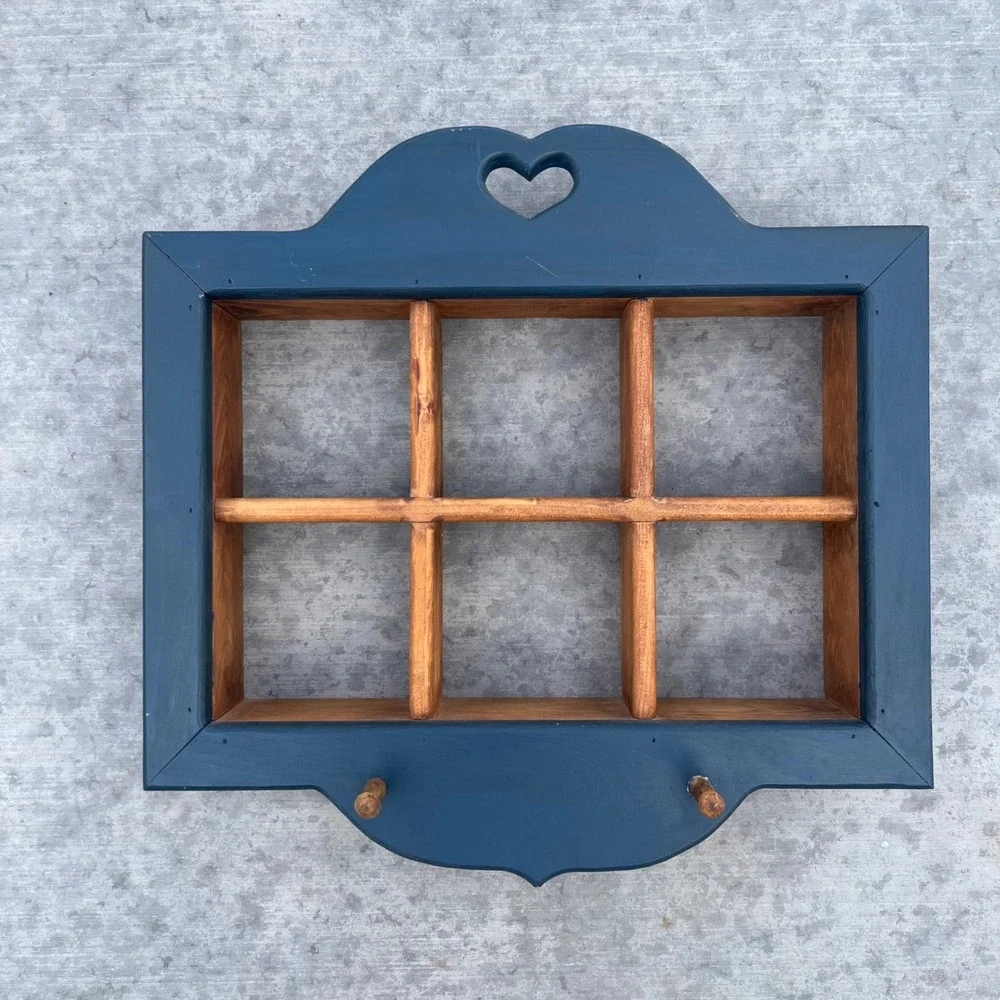 Vintage Wooden Shadow Box Wall Shelf Heart Cutout Navy Blue 6 Cubby 2 Pegs